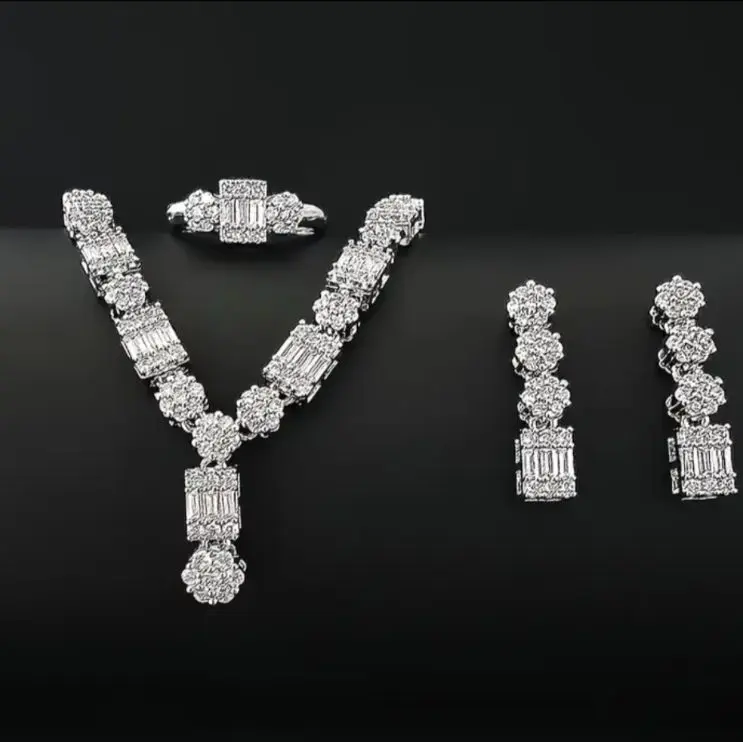 Stunning Cubic Zircon 3 Piece Set Rodium Plated Necklace Earrings & Ring Set for Women