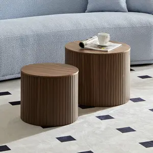 【GOOGREAT】MDF nested table set 2 pieces, handcrafted round coffee table in living/lounge area, walnut color