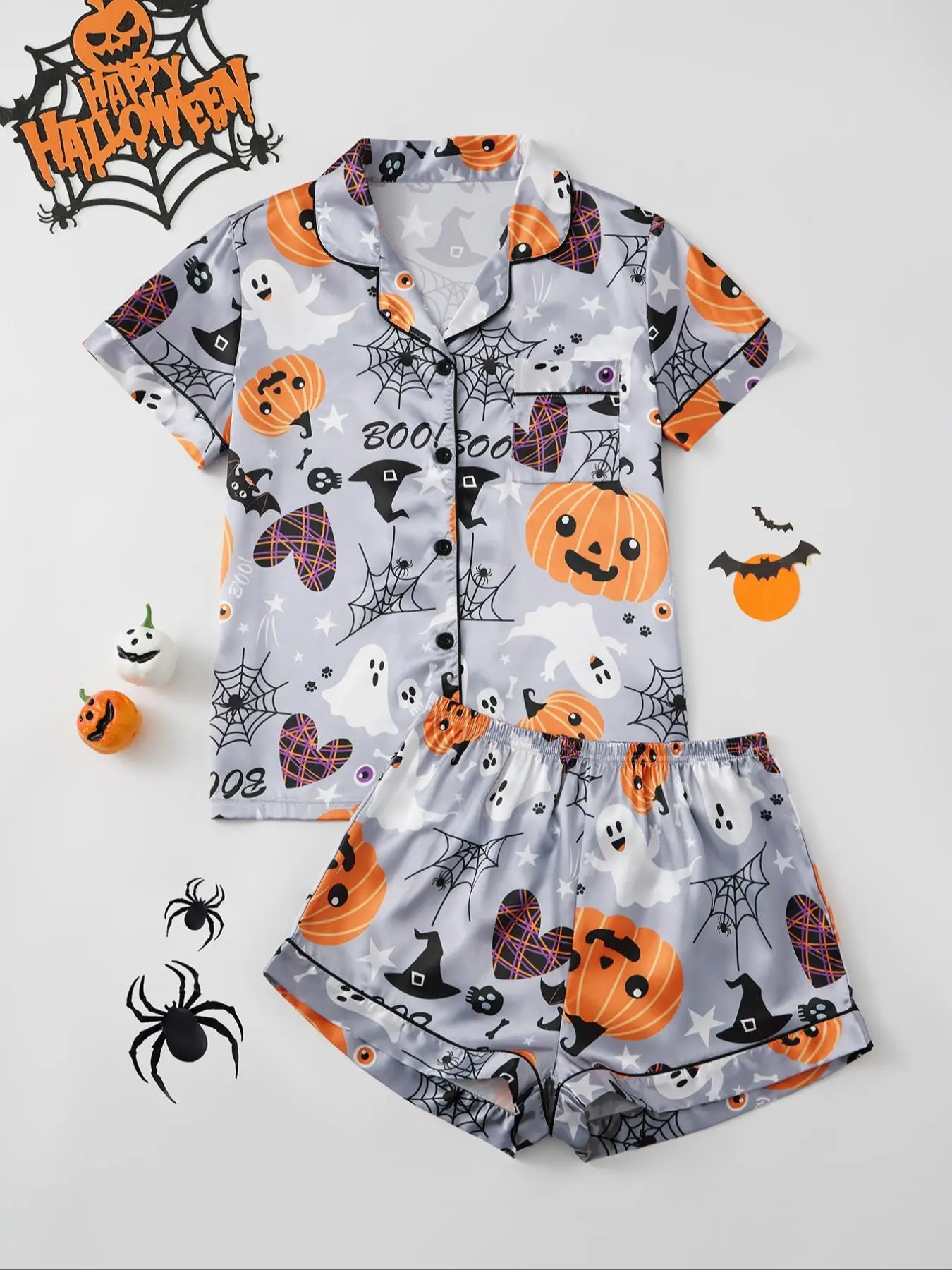 Women's Halloween Cartoon Ghost Print Pocket Shirt & Pumpkin Print Shorts Satin Pyjama Two-piece Set, Casual Comfy Skull Print Short Sleeve Button Up