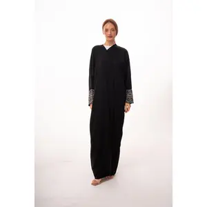 Black Beaded Wrist Open Abaya with Strap