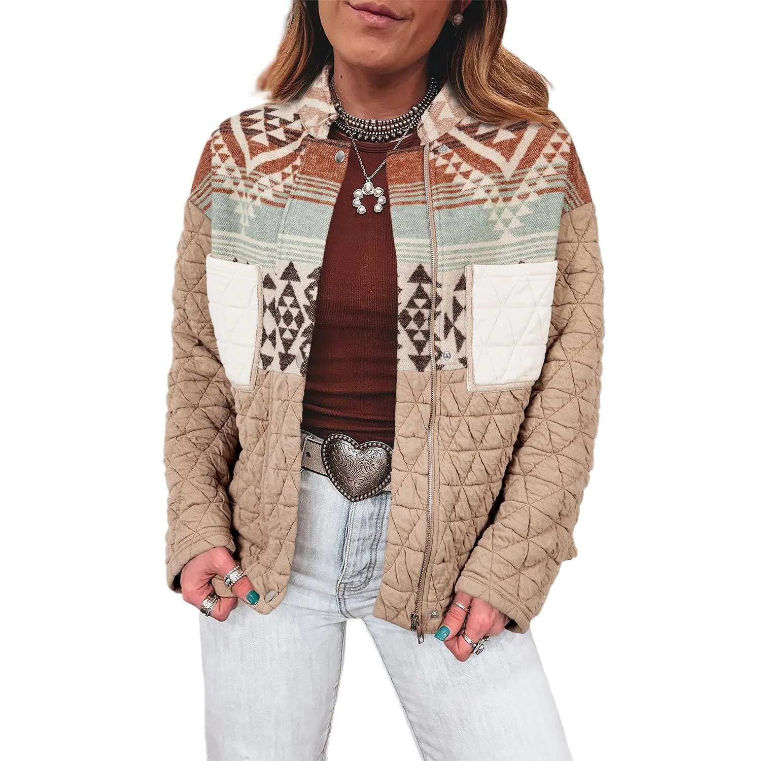 Light French Beige Aztec Quilted Patchwork Western Fashion Jacket for Women