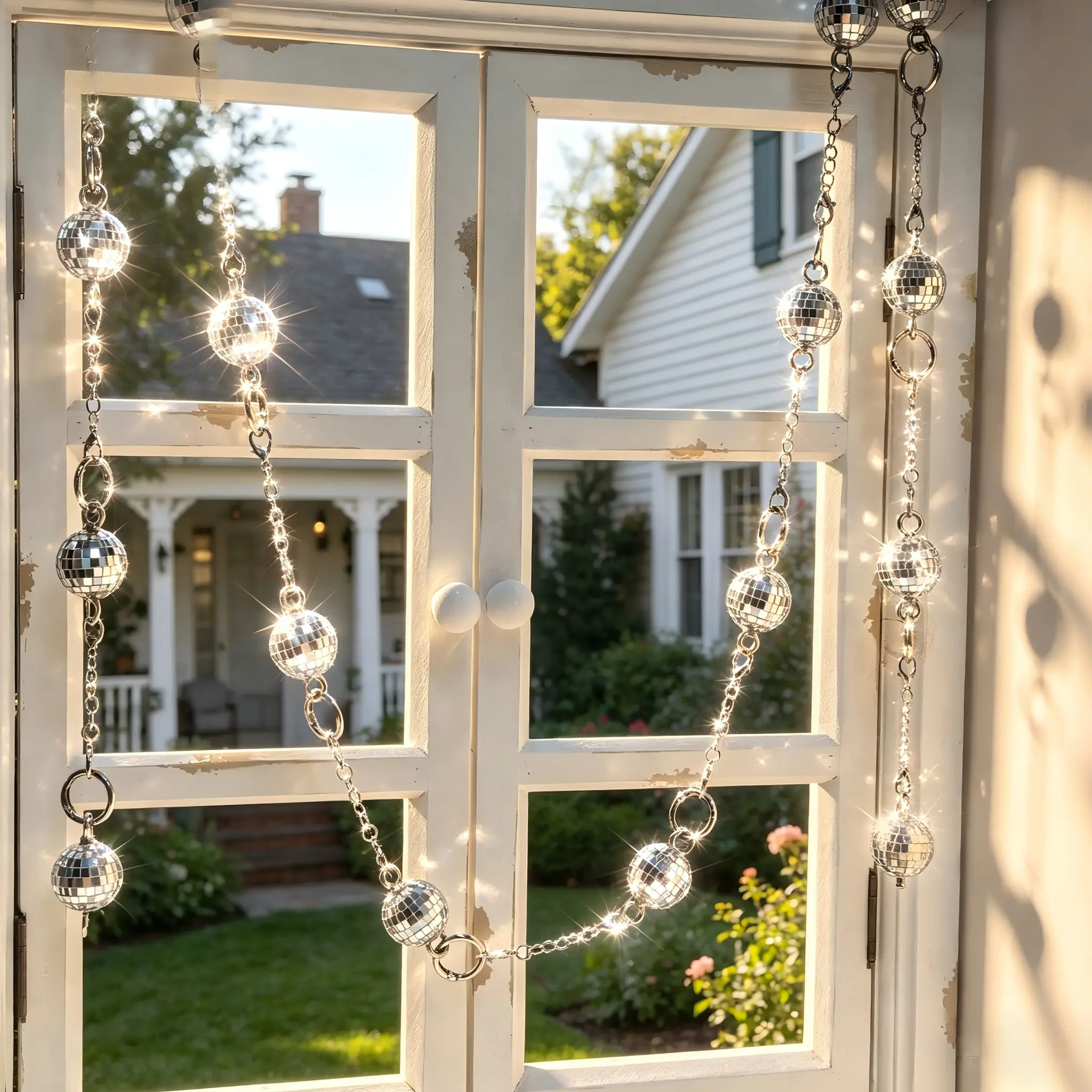 Stainless steel door hanging ball chain with mirrored balls, new for 2026; niche design model, length 86.6 inches; disco mirrored balls suitable for holiday decorations, parties, and home décor, usable year-round; Christmas festive atmosphere creator; sty