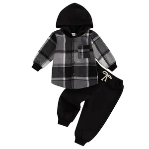 0-5T Toddler Boys Spring Outfits Jogger Pants Clothes Long Sleeve Hooded Plaid Jacket with Elastic Waist Pants Sets