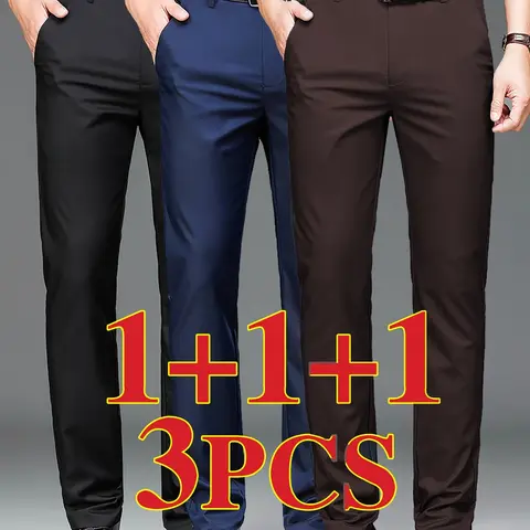 3-Pack Men's Business Casual Pants, High Elastic Anti-Wrinkle Fabric, Loose Fit, Straight Leg, Office & Daily Wear, All Seasons