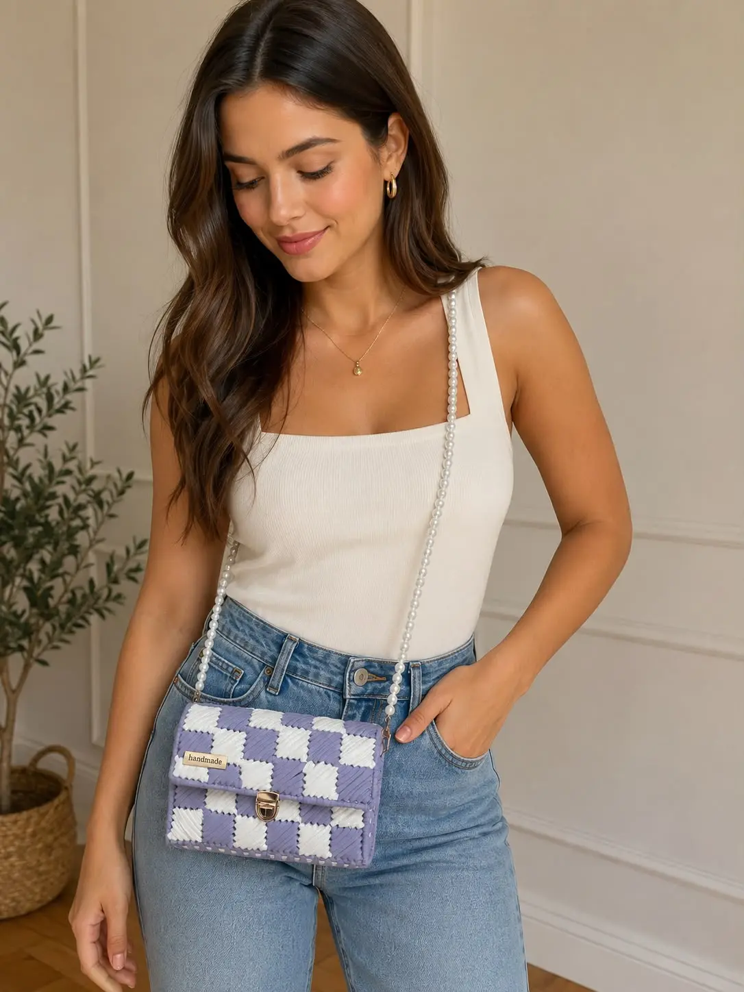 Artesana Lavender Checker Pearl Bag