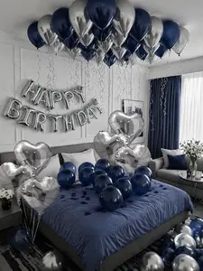 61PCS Silver & Blue Happy Birthday Balloon Decorations, 16 Inch Foil Letter Balloons, Silver Heart Foil & Navy Blue Latex Balloons for Birthday Party Decor