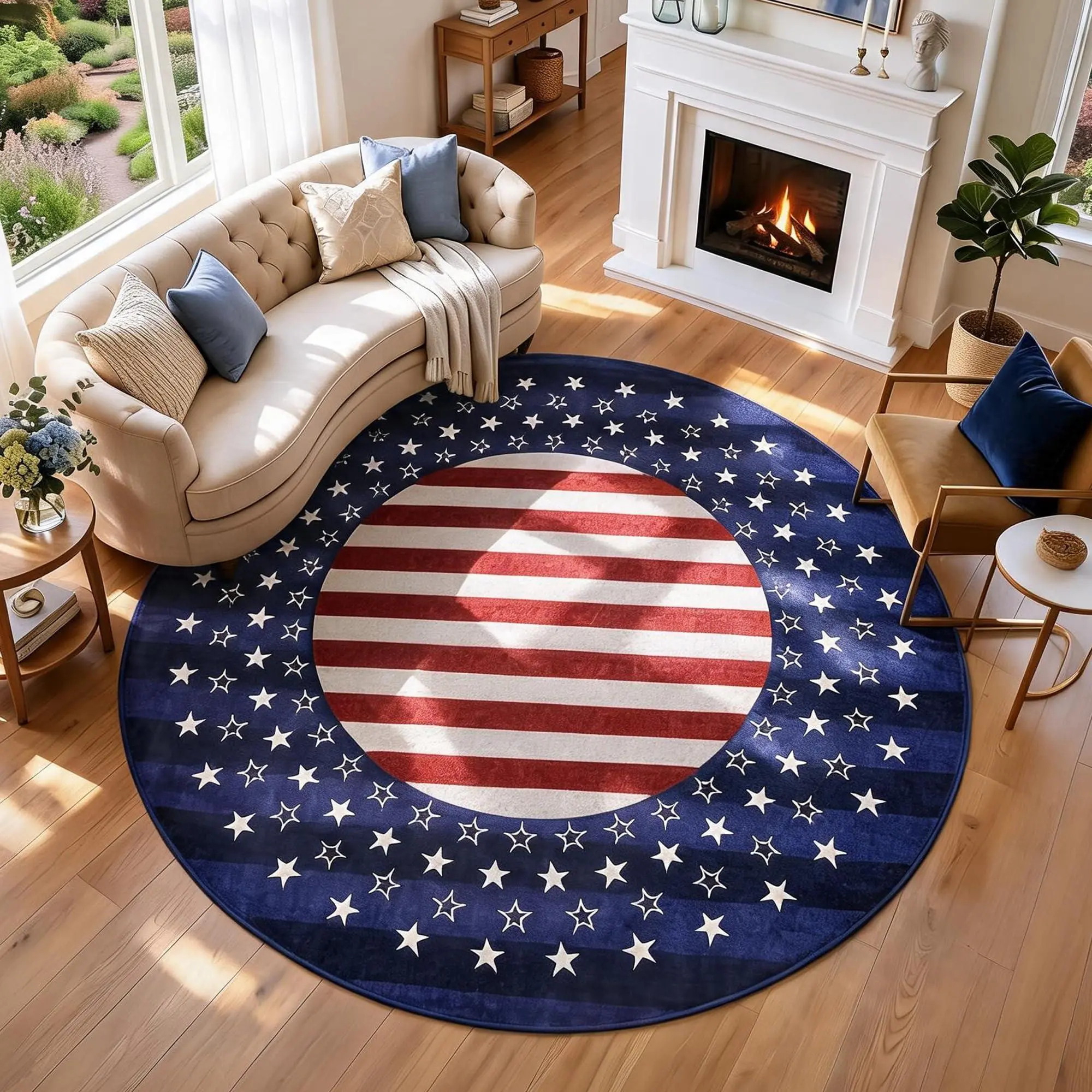4ft Round American Flag Area Rug, Machine Washable USA Patriotic Carpet, Non-Slip Circular Floor Mat for Living Room, Bedroom, Dining Table, Office, Home Decor, Blue Red Stripes