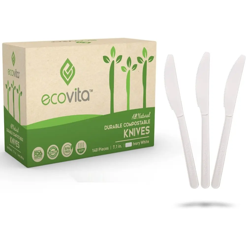 100% Compostable Knives-100 Large Disposable Utensils (7 in.) Eco Friendly Durable and Heat Resistant Alternative to Plastic Knives with Convenient Tray