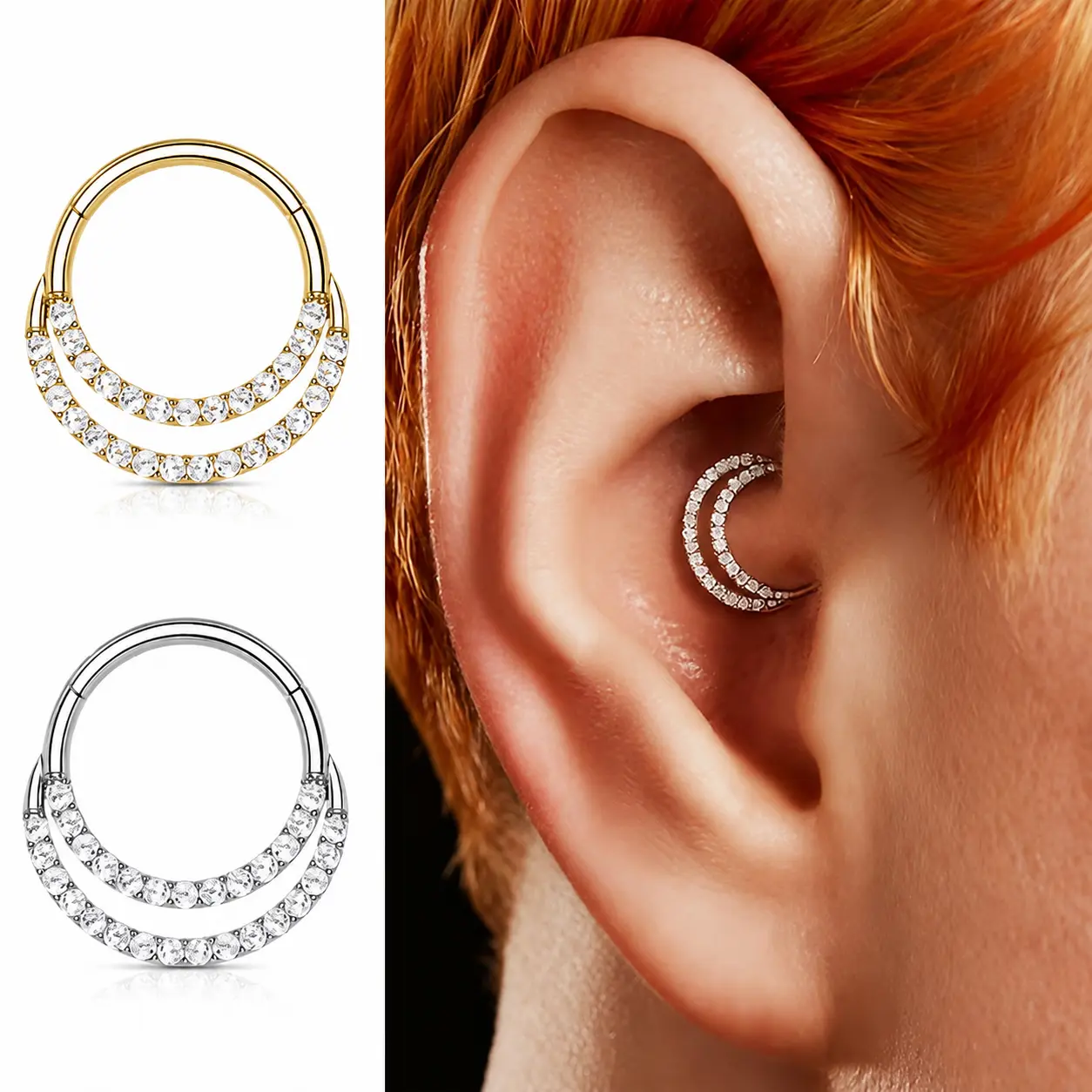 ASTM F136 Titanium Seamless Clicker 18G (1.0mm) | Double Hoop CZ Septum & Cartilage Ring bar length nose lip gold-tone finish free auxiliary tool ball holder dainty gemstone jewelry helix tragus earring fashion body jewelry accessory