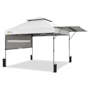 CROWN SHADES 10x10 Pop Up Canopy Tent with Patented Center Lock, Instant Commercial Canopy with Extendable Awning, 150D Silver Coated Fabric, 4 Weight Bags, Ropes, Stakes & STO ’N Go Wheeled Bag