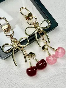 Unisex Cherry Keychain with Elegant Bow Pendant, Luxury Bag Charm, Perfect Halloween & Valentine's Gift, Stylish Accessory for All Seasons
