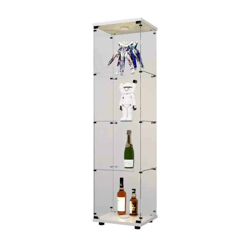 Tempered Glass Display Cabinet with LED Lights - Sturdy Modern White Indoor Furniture, 4-Shelf Floor-Standing Cupboard with Door, Bedroom Storage Unit for Collectibles, 64.7"*16.7"*14.3"