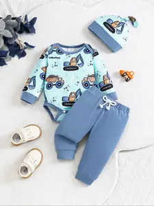 Baby Cartoon Construction Car Set, Includes Jumpsuit, Long Pants, Hat, Full Print, Long Sleeve, Drawstring Waist, Easy Wear, Bodysuit, Baby Clothing