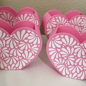 Talavera Heart Pen Holder - Pink with White Floral Design for Desk Organization