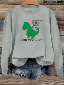 Women's Cartoon Dinosaur & Letter Print Drop Shoulder Sweatshirt, Casual Long Sleeve Round Neck Pullover for Fall & Winter, Women's Clothes for Daily Wear, Womenswear
