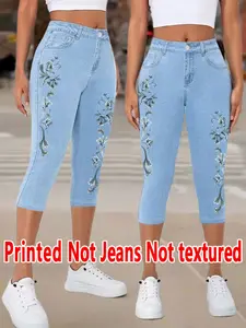 Women's Floral Print Skinny Pants, Non-Denim Fabric Seven-Inch Bottoms, Casual All Season Wear, Comfortable and Stylish