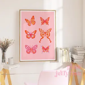 Pink Butterfly Print, Y2K Wall Art, Pink and Orange Dorm Room Poster, Trendy Preppy Aesthetic Art, Colorful Retro Print, Room Decor, Unframed | 5 Size, (8x12 to 27x40) inch