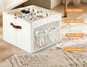 Shoe Storage Box for Closet Organizer Holds 16 Pairs Fabric Container with Handles Clear Cover Adjustable Dividers Customizable Cappuccino Beige Spacious Flexible Extra Storage Space