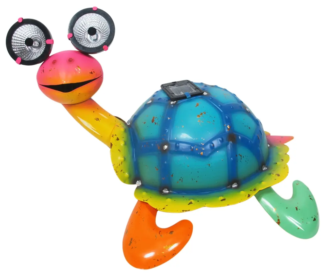 Continental Art Center 21293 Baked Enamel Durable Hand-Painted Metal Turtle Statue with Solar Eyes, Enchanting Glow, Multi-Color Garden Statues & Sculptures