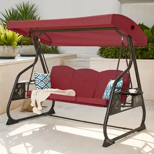 ZZW 3-Person Metal Patio Swing Bed with Stand, Heavy-Duty 800 lbs 2-in-1 Outdoor Patio Furniture, All-Weather Adjustable Canopy, Cup Holder & Cushions for Backyard Deck Adults