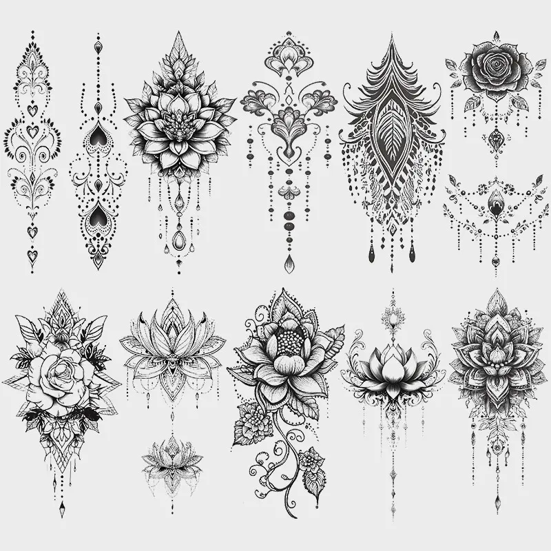 10 Pcs Temporary Tattoo Stickers, Waterproof Realistic Lace Rose Feather Bell Lotus Design, Unisex Body Art for Parties, Waterproof Temporary Tattoos