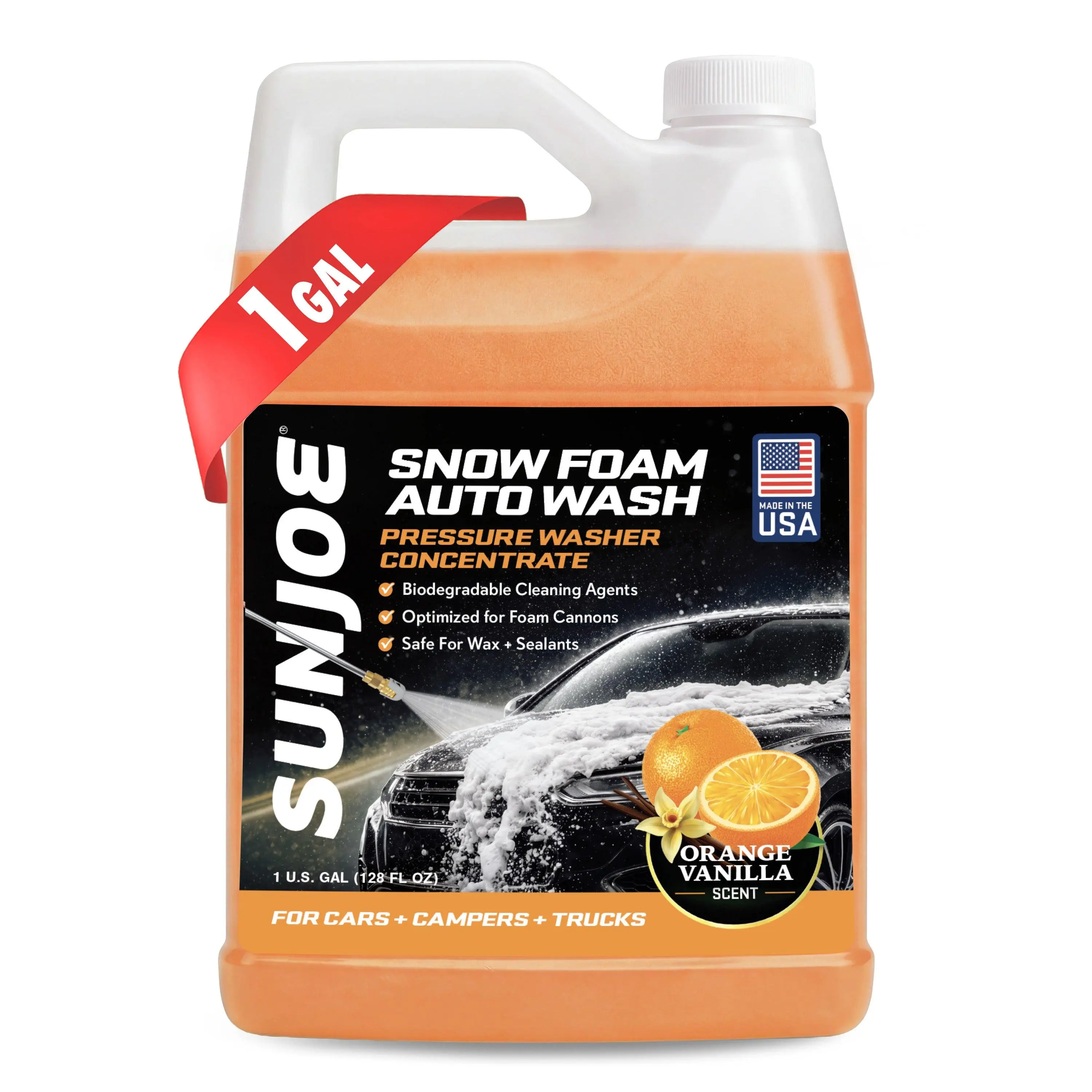 Sun Joe Premium Snow Foam Car Soap Cleaner, 1 Gal, Orange-Vanilla, SPX-FCS1G-CRM