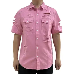 WIRDATRD Men's Ripped Short Sleeve Denim Shirt Button Front Dual Pocket Casual All-Season Menswear Outfit for Redneck Look