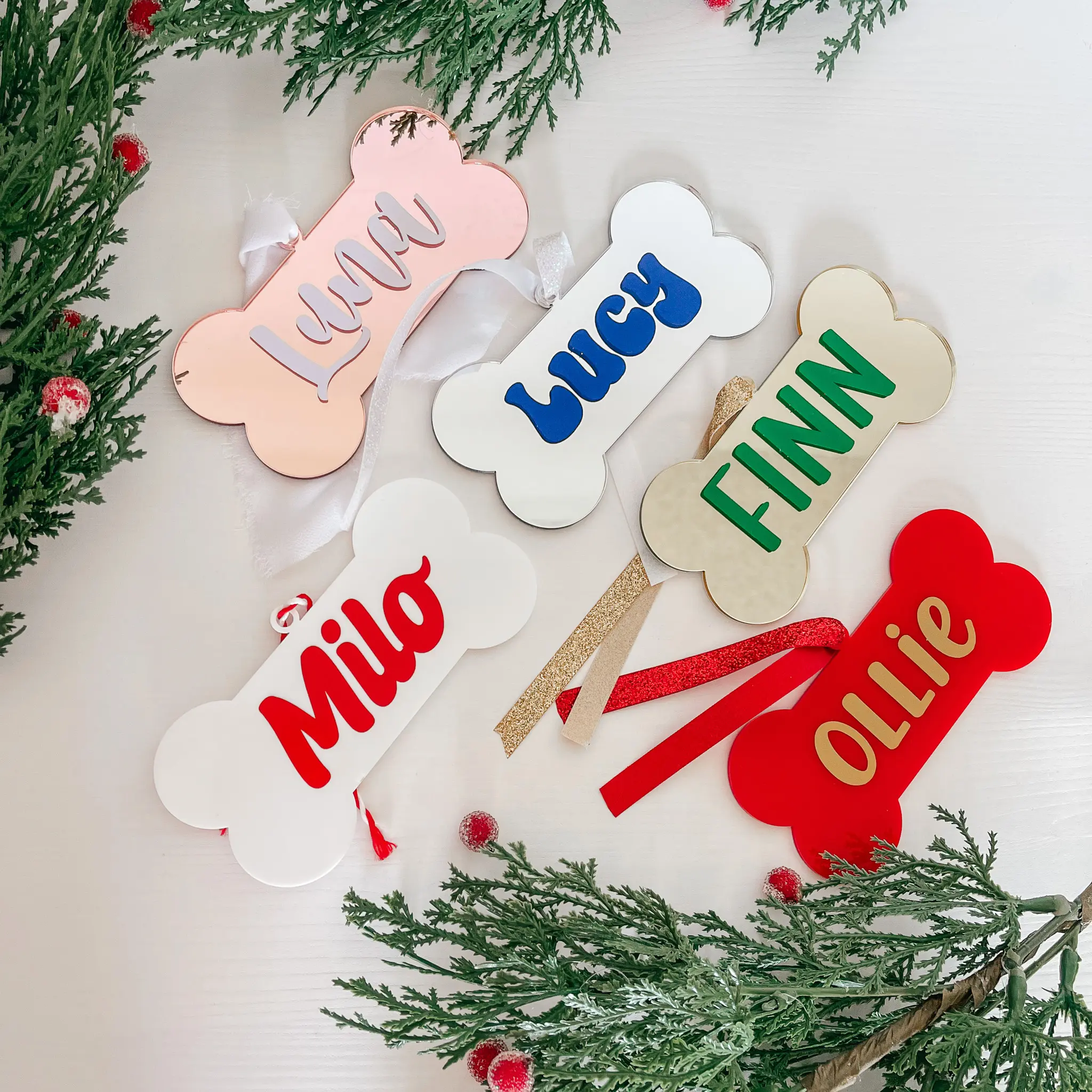 Acrylic Christmas Dog bone ornament, personalized dog gift, custom name, tree ornament