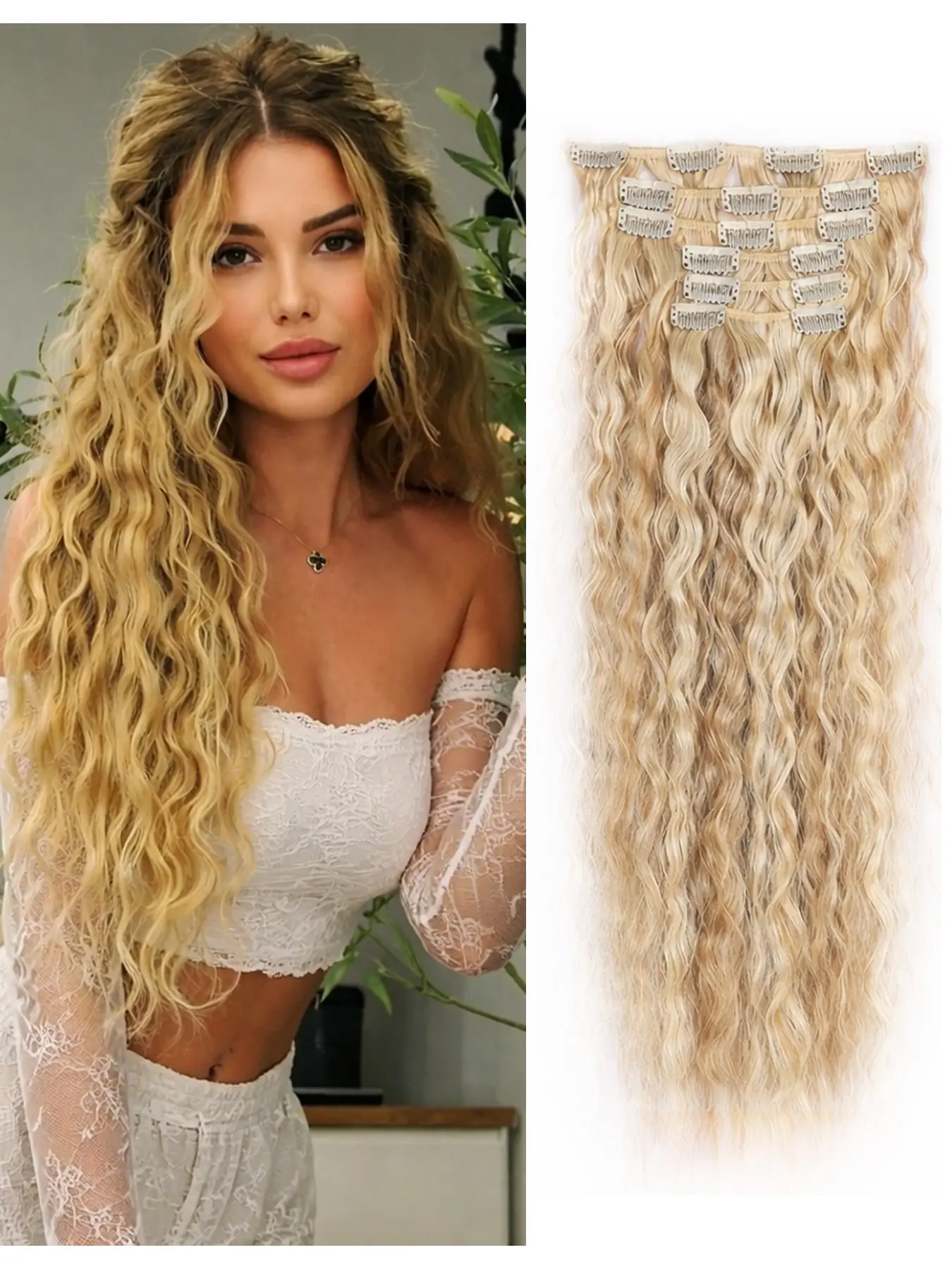 Clip in Hair Extensions, 6PCS Hair Extensions 24" Synthetic Fiber Extensions Long Curly Wavy Blonde Highlights hair extensions Natural Thick Deep Wave Hairpieces