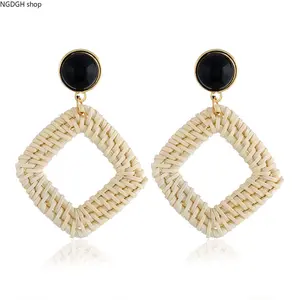 Woven Rattan Cowrie Shell Hoop Earrings - Large Natural Bamboo Circle Dangle Earrings with 3 Real Seashells, Lightweight Gold Hook Bohemian Jewelry for Summer Beach Vacation, Festival Outfits