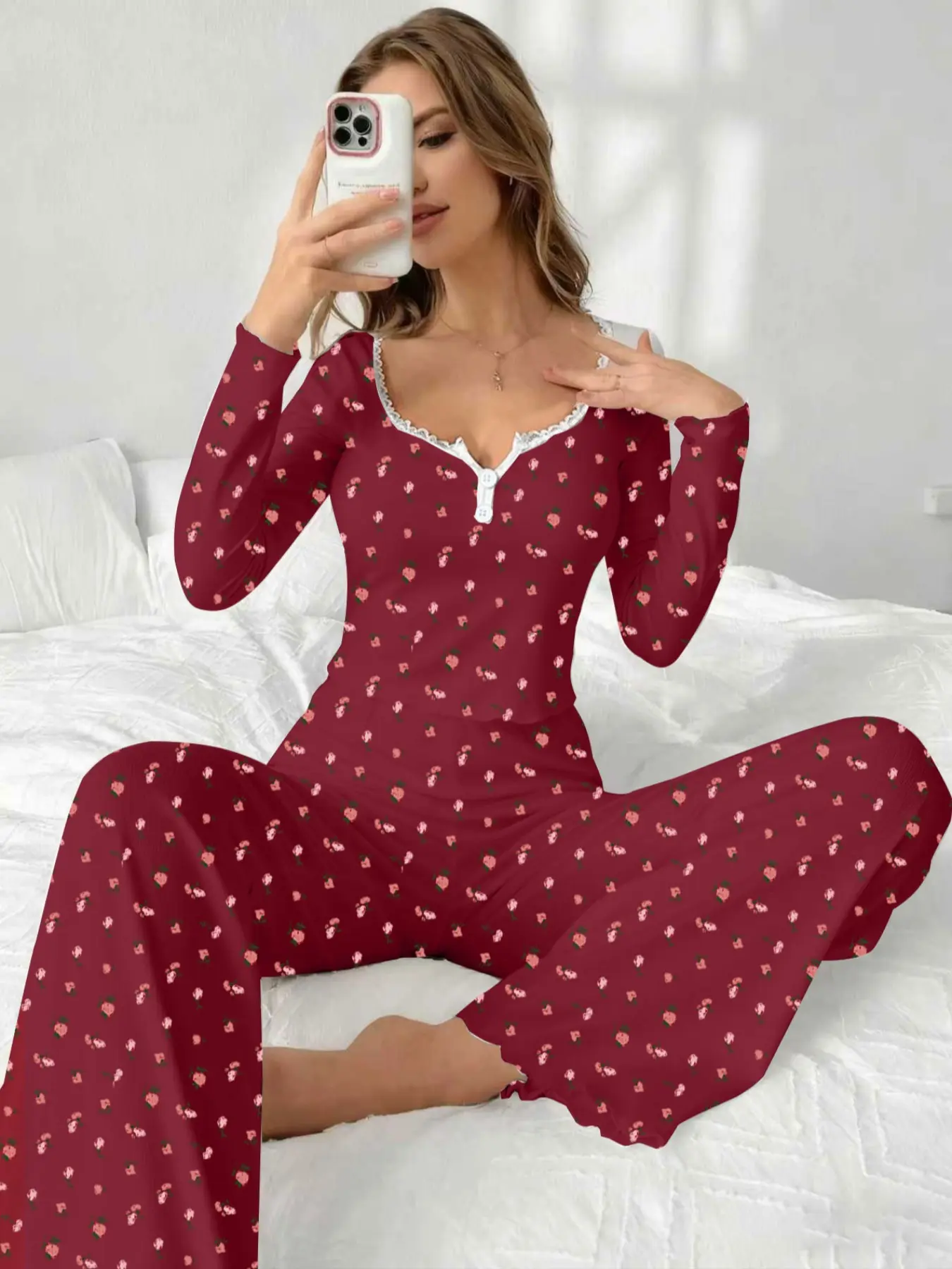 Women's Floral Print Long Sleeve Pajama Set, Soft Breathable Fabric, Casual Home Wear, Elegant & Comfortable Sleepwear for Daily Use, Matching Pyjamas, Soft Sleepwear Loungewear, Matching Pj Set