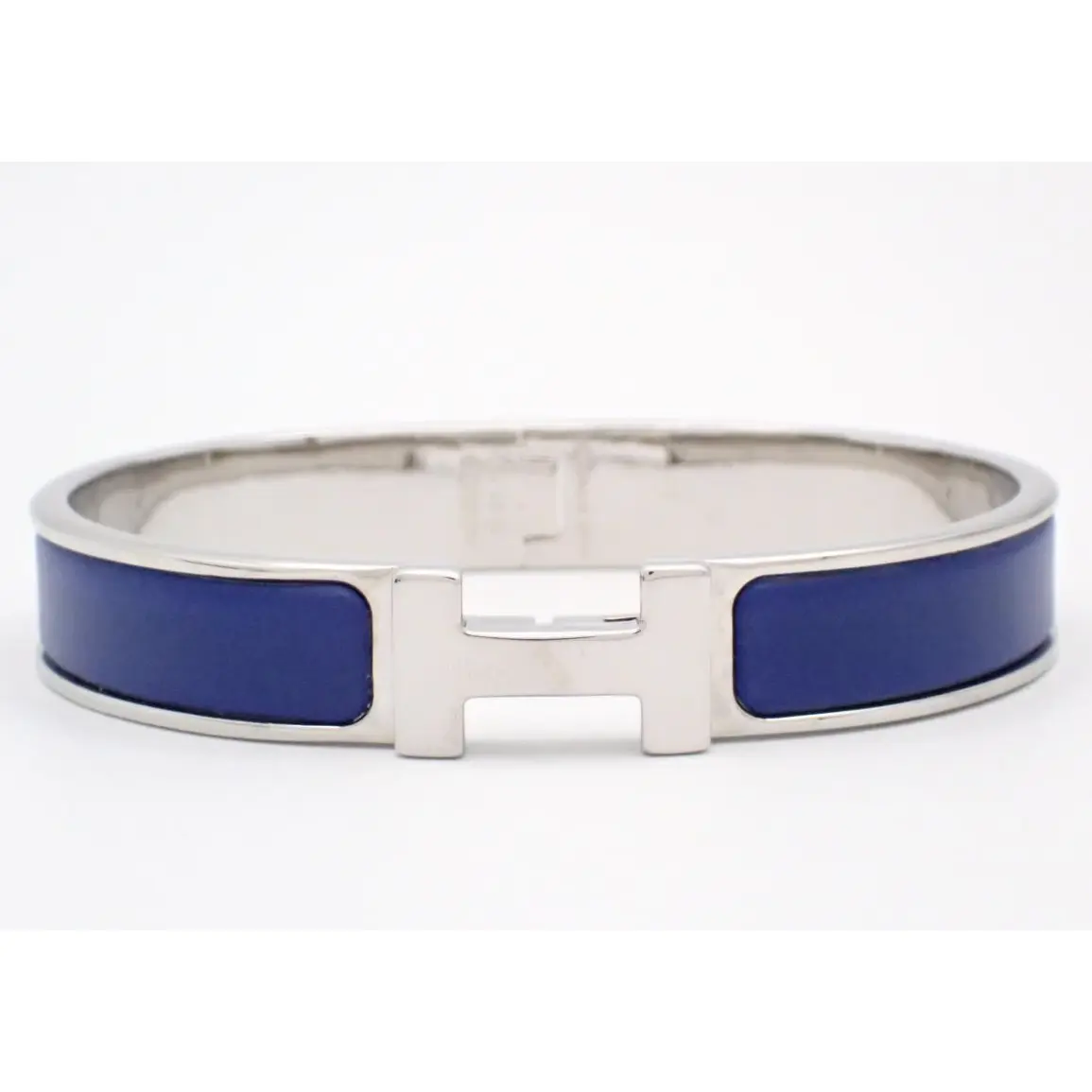 Pre-owned Hermes Slim Navy Enamel/Palladium Clic H Bangle ️ $899