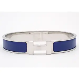 Pre-owned Hermes Slim Navy Enamel/Palladium Clic H Bangle ️ $899
