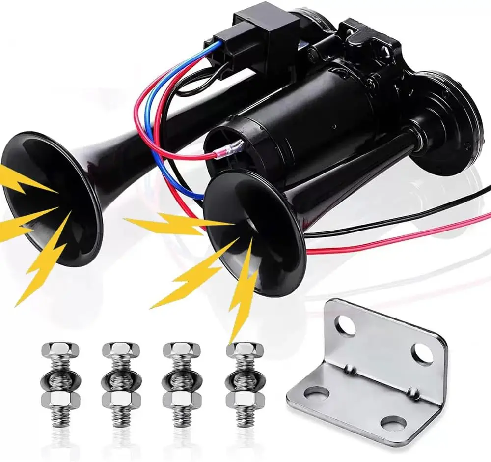 12V 120DB Super Loud Dual Electric Air Horns Kit with Compressor Applicablefor Any 12V Vehicles SUV Truck Car Airhorns Horn Loud Motorcycle Trucks Boats Trains Speaker (Black)
