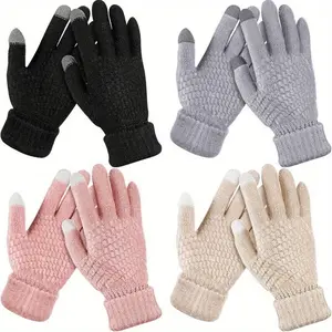 Women's Thermal Fleece Lined Gloves 4 Pairs Winter Warm Touchscreen Korean Style Velvet Thickened Handwear Soft Elastic Cuffs for Cycling Skiing Outdoor Daily Wear