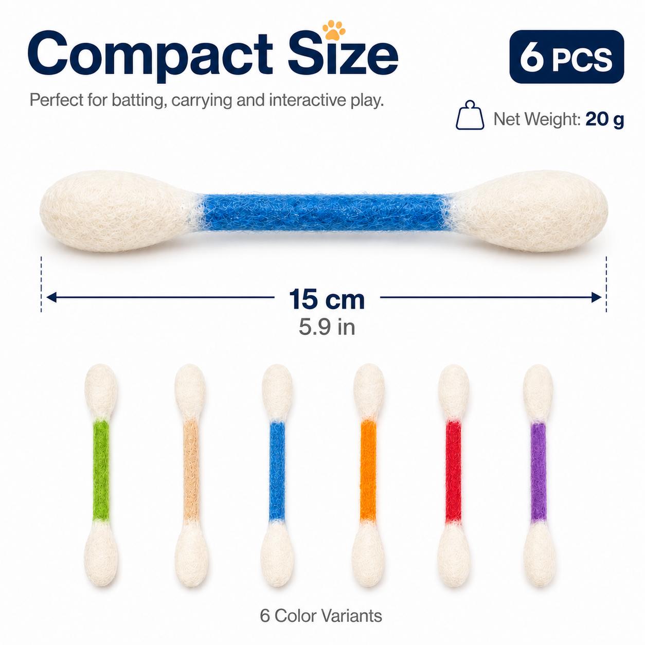 6-Pack Giant Q-Tip-Shaped Cat Toys, Soft Felt Cotton Swab Teething Sticks, Durable Interactive Play Indoor Use Pet Accessories for Kittens, Dental Cleaning, Anxiety & Boredom Relief Daily Entertainment Gifts