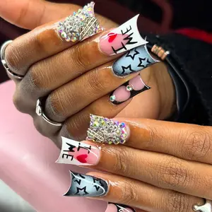 24pcs Y2K Sweet Cool Girl Nail Set, Nail Art Design, Block, Metal Stars, Heart Cutout, Full Diamond, Reusable, Festival Nightclub Style