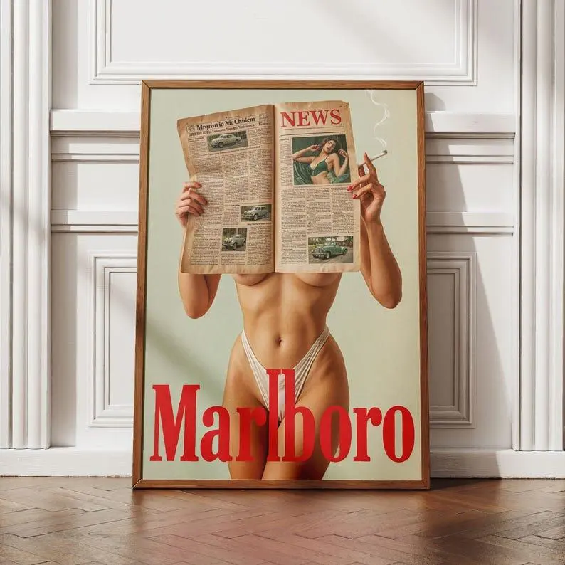 Vintage Western Poster Wall Art, Retro Marlboro Print, Marlboro Model Bikini Poster