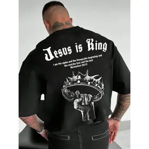 "Jesus is King" Thorn Crown Religious Street T-shirt - Black, Cool Vibe  Gothic Font + Book of Revelation Scriptures, Heavy Cotton Fabric, Loose Drop Shoulders.A must-have for lovers of dark high street and religious styles.# Dark High Street Style