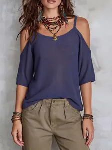 Boho One-Shoulder Knit Top for Women, Knitted Summer Autumn Blue Sheer Sleeveless Sweater, Casual Party, Soft Breathable Mesh Knitwear