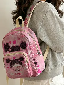 1 piece of character portrait 'Fun Kidlife' 2D printed lady's backpack, corduroy texture + layered storage + light weight reduction | perfect for students to go to class/shopping/short trips | combination of atmosphere and practicality