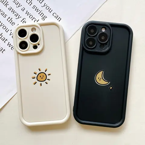 Couple Sun Moon Pattern Durable TPU Smartphone Case, 1.2mm Shockproof Drop Protection Non-Slip Rugged Cover, Customized for iPhone 16,15,14 Pro Max,13,12,11,XR,XS Plus Mobile Accessory
