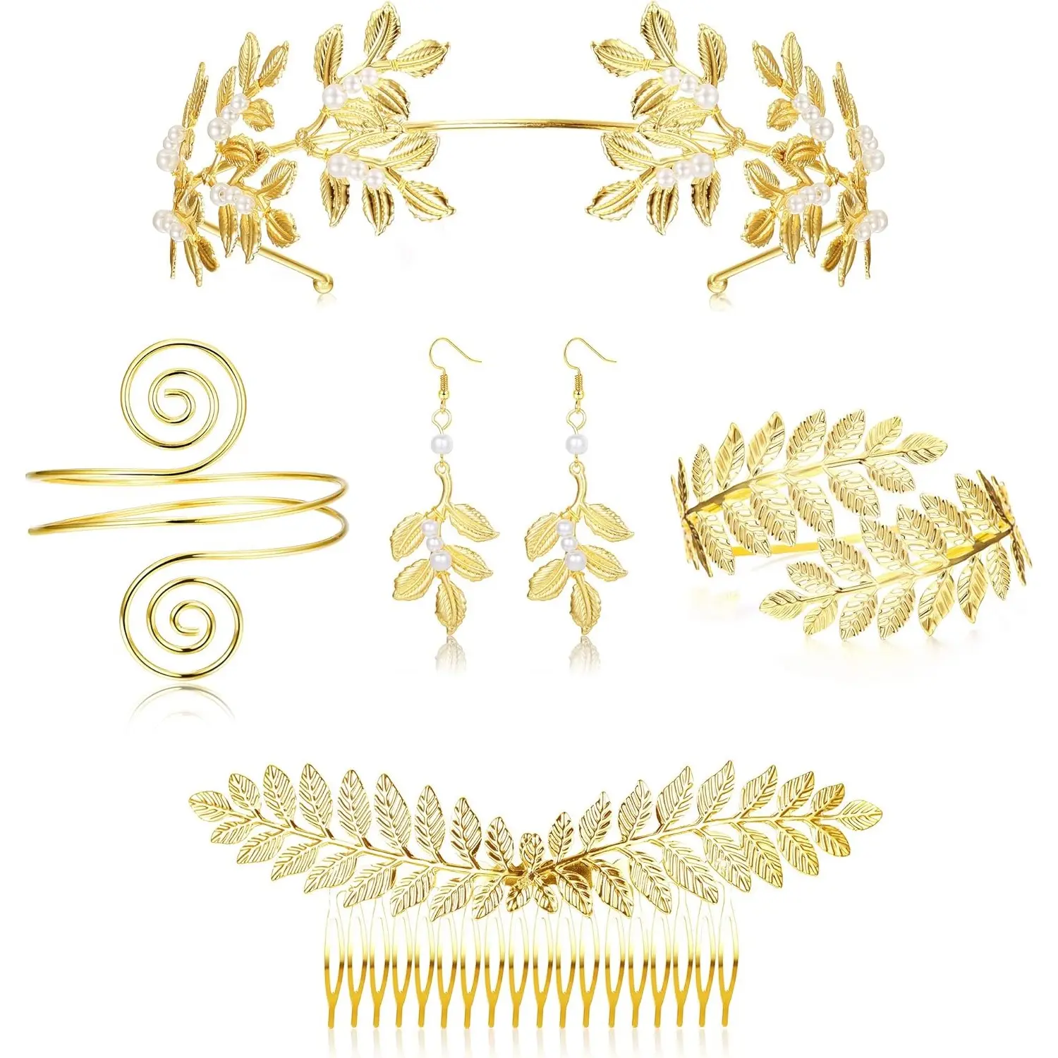 FIASASO 5Sets Grecian Goddess Costume Accessories Set Greek Leaf Headband Coil Bracelet Artificial Pearl Earrings Golden Leaves Bridal Hair Comb for Women Wedding Party, Adjustable Sizes
