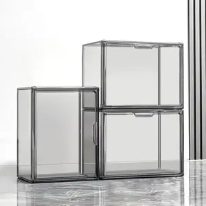Clear Stackable Plastic Storage Bins with Magnetic Lid, Dustproof Book & Cosmetic Display Cases, Large Figures Collectibles Showcase, Shoe Box, Protection Organizer (Gray, L-3 Pack)