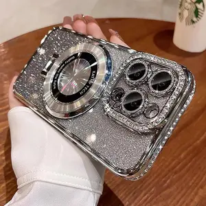 Magnetic Kickstand Case for iPhone 16 Pro Max with Glitter Lens Protector, Compatible with Magsafe, Luxury Bling Diamond Cover Glitter Rhinestone Phone Case Women (Silver, for iPhone 16 Pro Max 6.9")