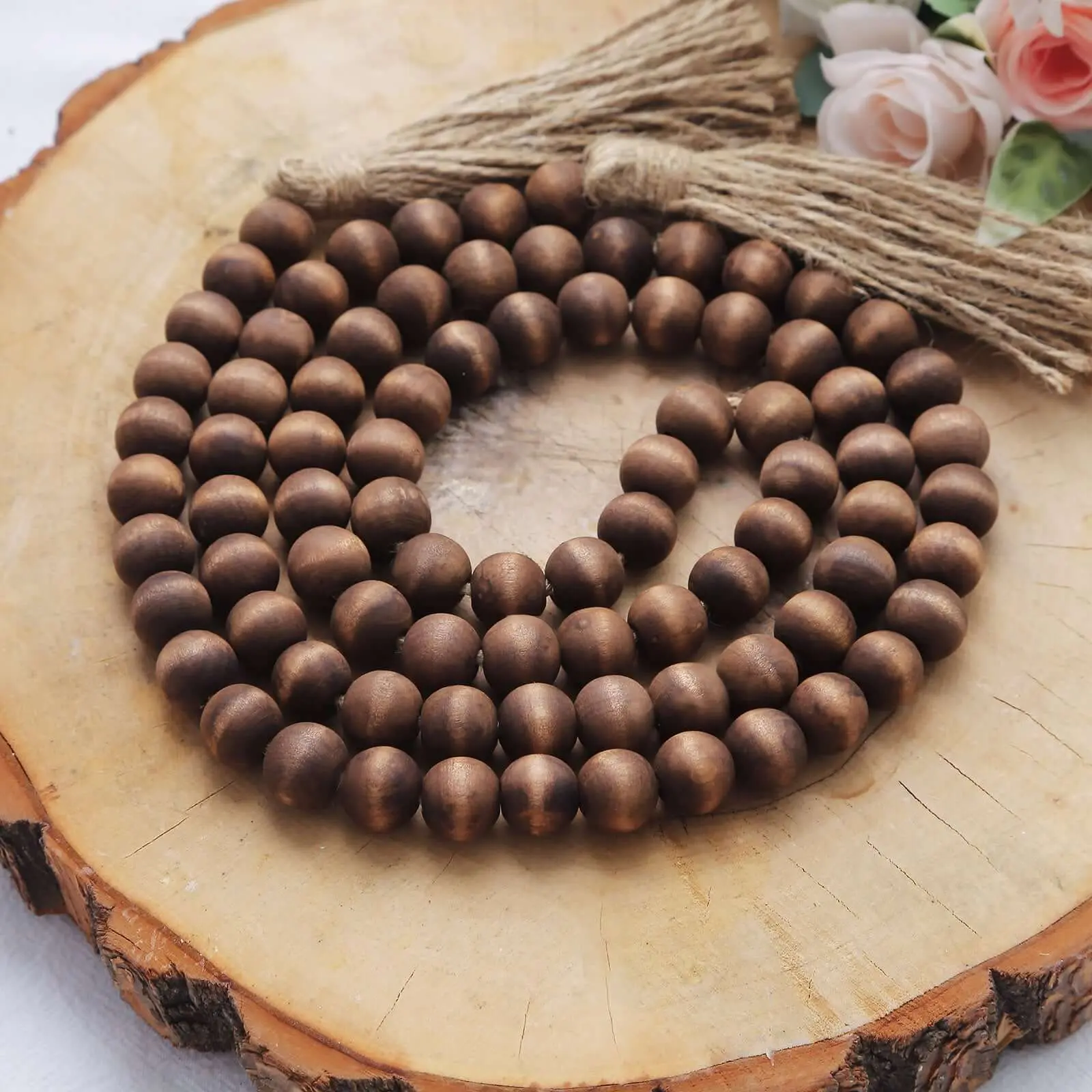 55" Brown Rustic Wooden Bead Garland with Tassels, Boho Style Decoration for Farmhouse Country Decor