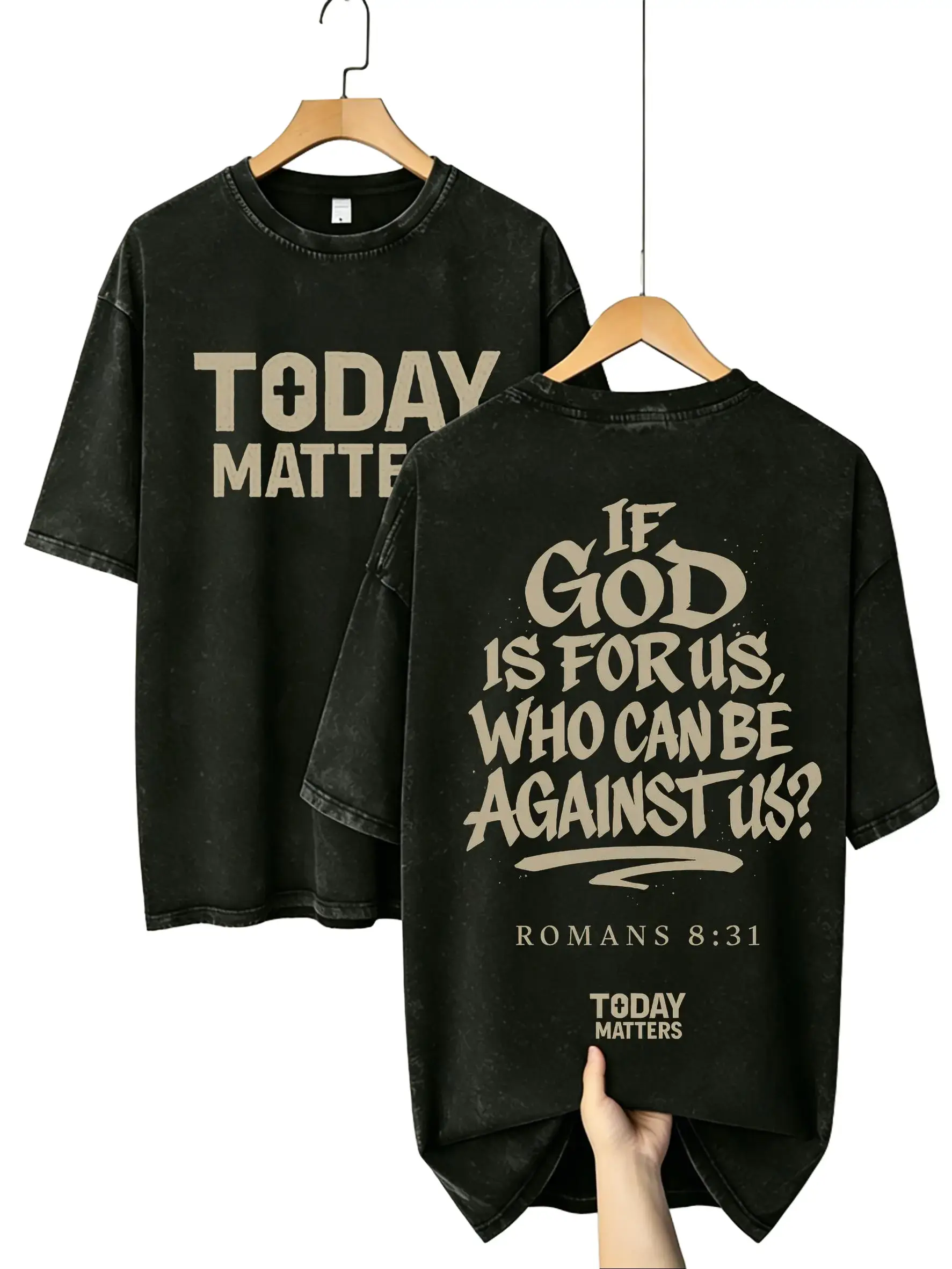 Men's Vintage Washed Cotton Short-Sleeve Graphic Tee, Oversized Breathable Double-Sided Romans 8:31 Faith-Based Casual Loose Round Neck Cute Christian Basics for Church Gatherings sohochic