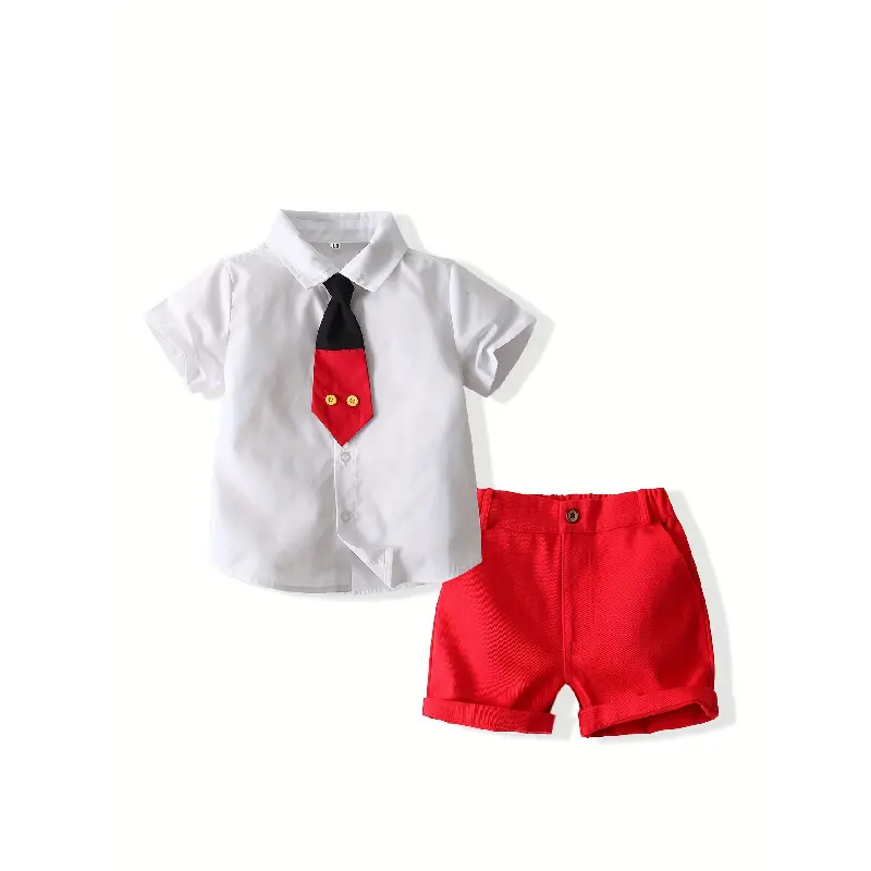 Boys' 2-Piece Regular Fit Woven Fabric Short-Sleeve Button Shirt & Tie with Shorts Set - 100% Polyester-Viscose Kids' School Uniform, Party Wear Outfit, Buttons, Two-Pieces
