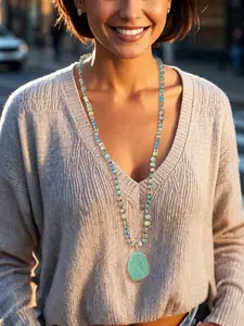 Women's Asymmetrical Pendant Necklace, Shoushan Stone & Fabric Chain Design, Boho Style Long Jewelry for All Seasons