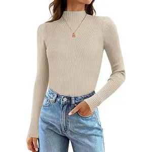 ZESICA Women's 2025 Fall Long Sleeve Turtleneck T Shirt Ribbed Knit Sweater Slim Fit Basic Casual Tee Tops